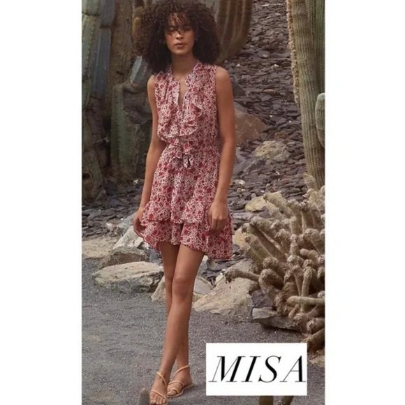 MISA Red Rust Floral Eba Sleeveless Ruffle Mini Dress Size Small - Picture 3 of 11